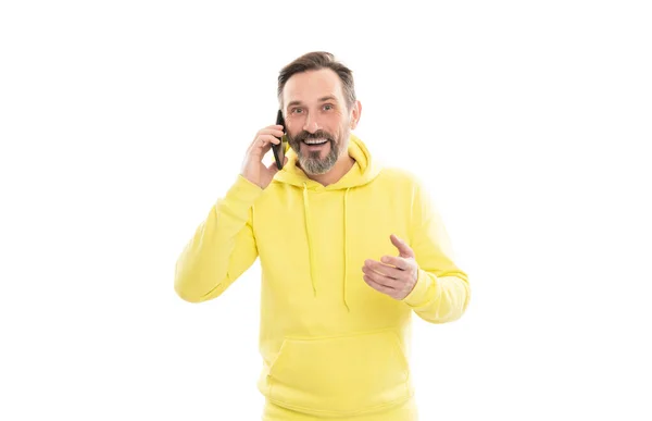 Leende Stilig Mogen Man Med Skägg Och Mustasch Hoody Talar — Stockfoto