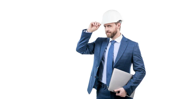 Confident Businessman Man Suit Safety Helmet Hold Computer Isolated White — Stock Photo, Image