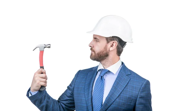 Confident Businessman Man Suit Safety Helmet Hold Hammer Isolated White — Stock Photo, Image