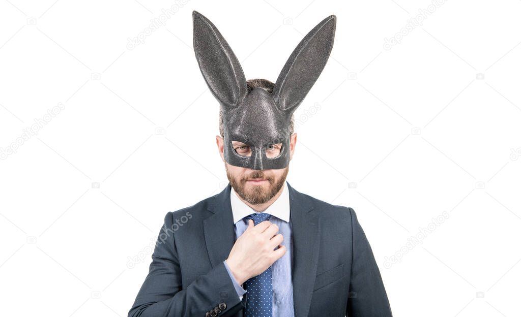 Dominance and submission. Bunny man in rabbit mask. Fetish. Businessman in sexy bdsm mask. Playboy. BDSM games.