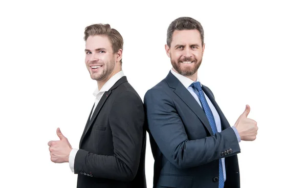 Exitoso Feliz Empresario Hombres Traje Mostrar Pulgar Hacia Arriba Aislado — Foto de Stock