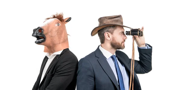 Regarde Loin Les Hommes Professionnels Portent Une Tête Cheval Chapeau — Photo