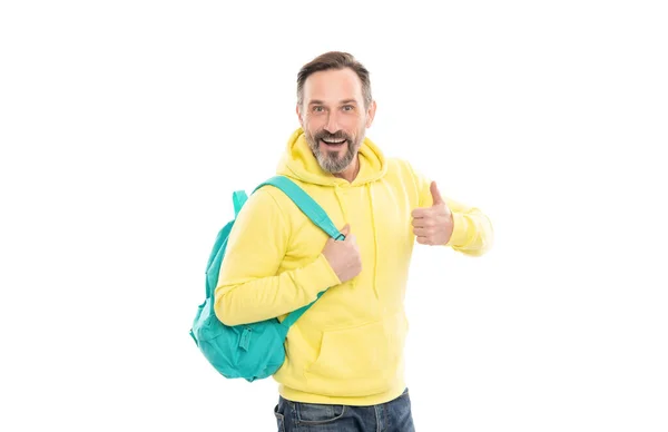 Glad Mogen Man Med Skägg Och Mustasch Hoody Bära Skolväska — Stockfoto