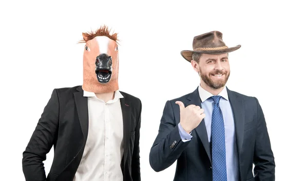 Happy Man Point Finger Weird Businessman Wearing Horse Head Mask — Stock Photo, Image