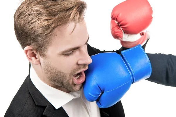 Lose Situation Businessman Punched Face Young Man Punched Boxing Glove — Stock Photo, Image