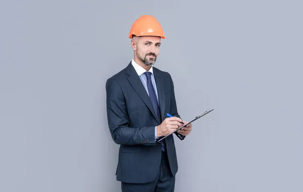 Confident Businessman Helmet Hold Folder Safety Business Expertise Successful Man — Stock Photo, Image