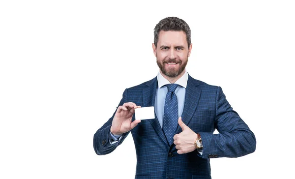 Handsome Businessman Man Businesslike Suit Showing Empty Credit Business Card — Stock Photo, Image