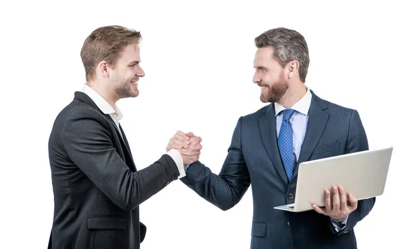 Homens Negócios Com Laptop Reunião Chefe Empregado Sócios Após Negócio — Fotografia de Stock