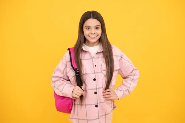 Menina Criança Feliz Usar Camisa Xadrez Rosa Levar Mochila Escolar — Fotografia de Stock