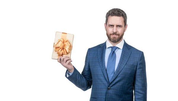 Successful Ceo Holding Giftbox Handsome Man Prepare Date Smiling Man — Stock Photo, Image