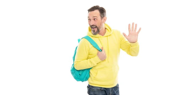 Glad Mogen Man Med Skägg Och Mustasch Hoody Bära Skolväska — Stockfoto