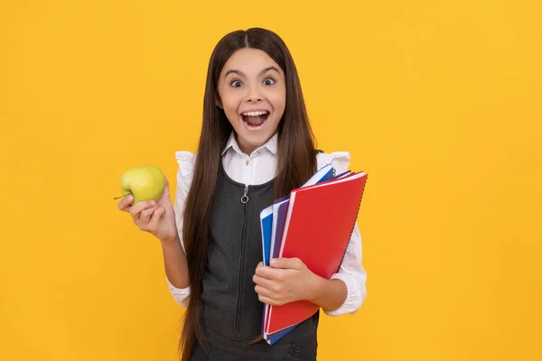 Everyday School Surprises Surprised Child Hold Apple Books Back School — Stock Photo, Image