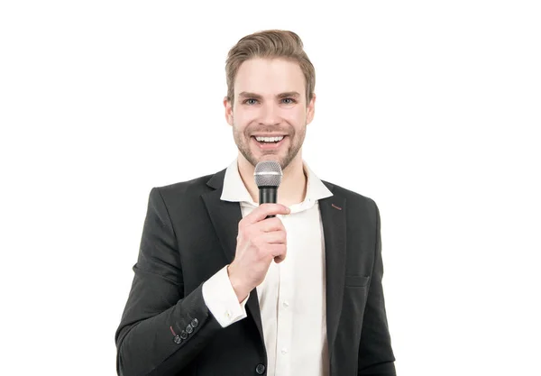 Happy Man Business Formalwear Speak Microphone Giving Speech Isolated White — Stock Photo, Image