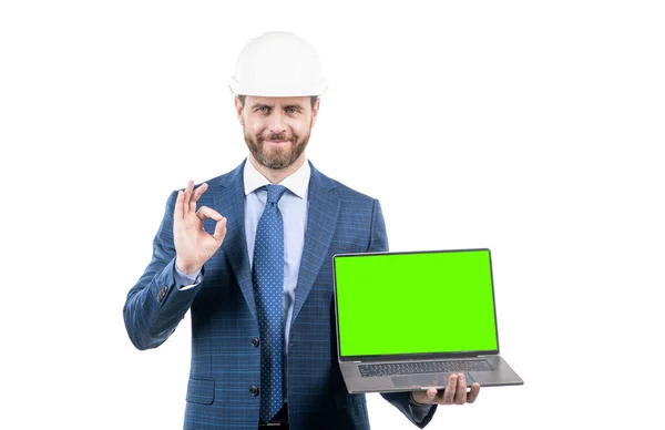 Modern Wireless Laptop Advertisement Future Building Businessman Presenting Project Success — Stock Photo, Image