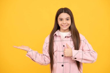 Ekose gömlekli ergen çocuk ürünleri sunuyor. Reklam. Güzellik ve moda. Son moda. kopyalama alanı. Sonbahar moda alışverişi. Kareli gömlekli mutlu genç kız. hippi çocuk gündelik tarzda.