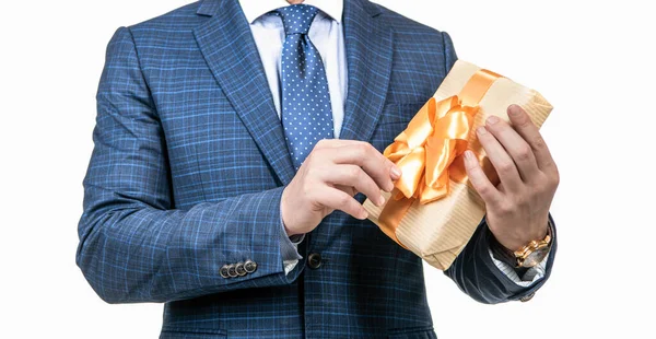 Внутри Человек Деловой Наградой Приветствие Случаю Бизнесмен Показывает Подарочную Коробку — стоковое фото