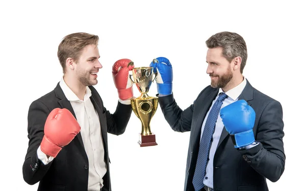 Entrepreneur Team Year Happy Partners Hold Golden Cup Business Achievement — Stock Photo, Image