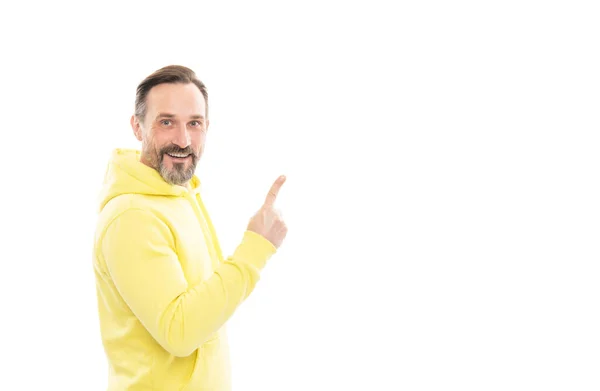 Din Reklam Här Rådgivare Man Gul Hoody Vuxen Kille Reklam — Stockfoto