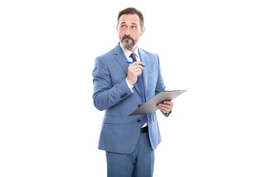 İnşaat belgeleriyle CEO. Dosyası olan olgun bir patron. Bir sözleşme imzalamak.