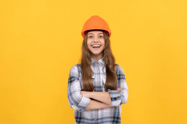 Belo Sorriso Construção Conceito Construção Trabalhador Infantil Feliz Usar Chapéu — Fotografia de Stock