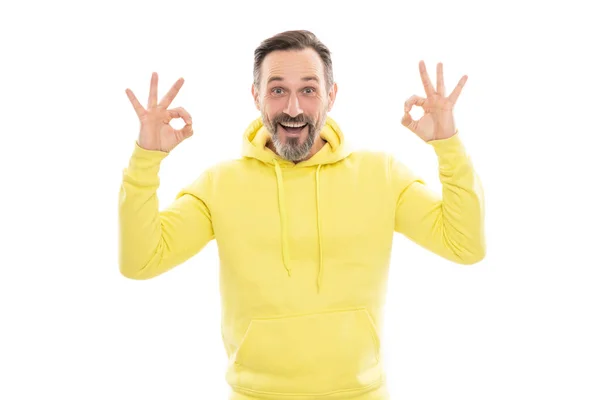 Handsome Mature Man Beard Moustache Hoody Isolated White Show Gesture — Stock Photo, Image