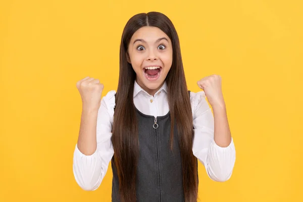 Scholarship Winner Happy Teenage Winner Yellow Background Girl Child Give — Stock Photo, Image