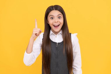 Bir fikrim var. Mutlu çocuk parmağını sarı arka planda tut. Bir fikrim var. Evreka. İlham. Büyük düşün. Yaratıcı zihin. Resmi eğitim. Okula geri dön..