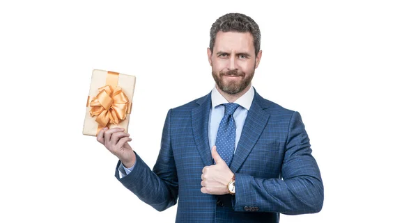 Smiling Businessman Man Suit Hold Present Box Show Thumb Isolated — Stock Photo, Image