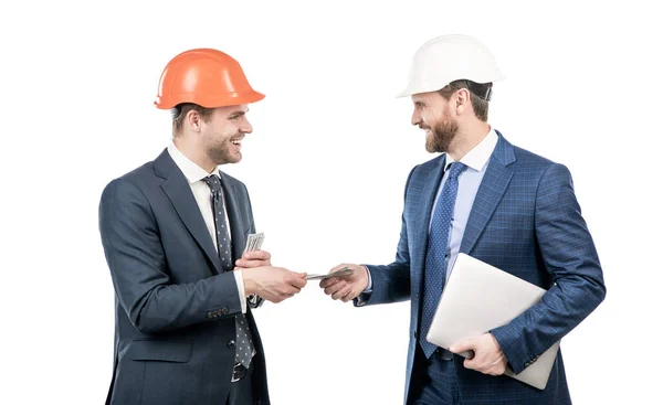 Investment Architectural Project Men Businessmen Hardhat Money Laptop Architect Give — Stock Photo, Image
