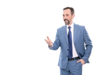 Profesyonel sakallı CEO sohbet eder. Saçları ağarmış özgüvenli patron..