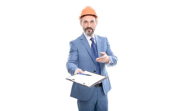 Mature boss with clipboard. confident businessman in helmet give folder. safety business expertise. — Stock Photo, Image