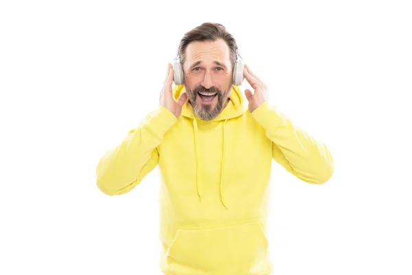 Educação Line Cara Adulto Homem Ouvindo Áudio Livro Homem Feliz — Fotografia de Stock