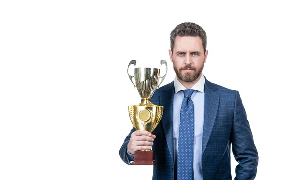 Achievement Copy Space Mature Businessman Suit Hold Golden Cup Business — Stock Photo, Image