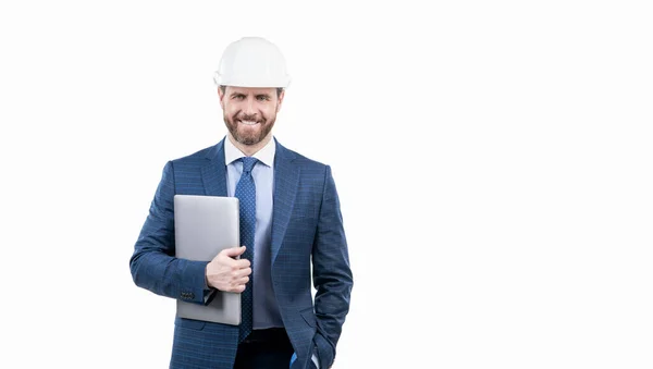 Happy Businessman Man Suit Safety Helmet Hold Laptop Isolated White — Stock Photo, Image