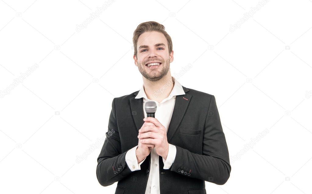 He works as anchorman. Happy anchorman isolated on white. Business man speak to microphone. Businessman give speech. Professional lecturer. Singer or speaker.