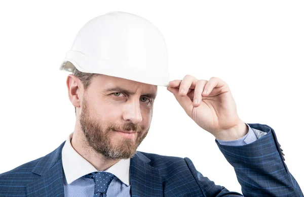 Successful Man Greeting Gesture Entrepreneur Protective Helmet Chief Architect Engineer — Stock Photo, Image