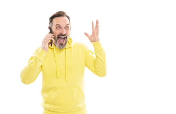Modern kommunikáció. Ügyeletes válasz. Telefonbeszélgetés. másolás tér érett boldog férfi felveszi a telefont — Stock Fotó