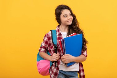 Eğitim ve bilgi. Lisede. Not defteri ve sırt çantası olan okul kızı..