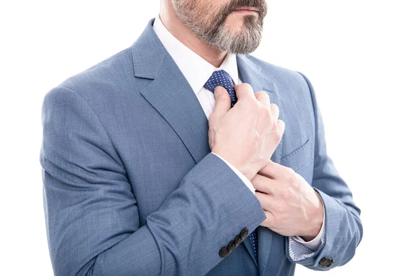 All should be perfect. cropped boss straighten tie. mature businessman in formalwear. — Stock Photo, Image