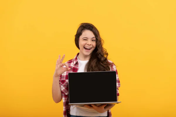 Szczęśliwy smart child prezentując laptop w szkole lekcji online pokazać ok gest, edukacja online — Zdjęcie stockowe