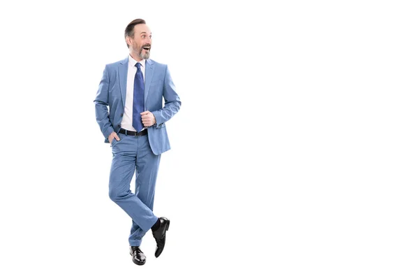 Surprised grizzled ceo in businesslike suit full length isolated on white copy space, businessperson — Stock Photo, Image