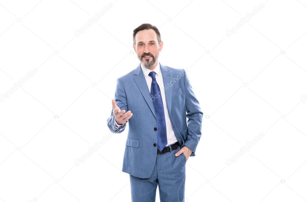 cheerful grizzled business man in suit having conversation isolated on white, business communication