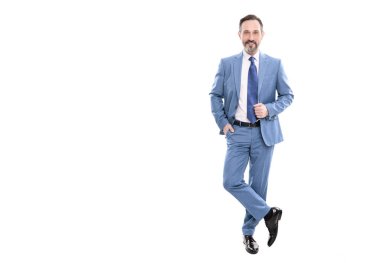 happy grizzled businessman in suit full length isolated on white copy space, business fashion.