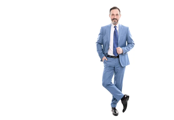 Happy grizzled businessman in suit full length isolated on white copy space, business fashion. — Φωτογραφία Αρχείου