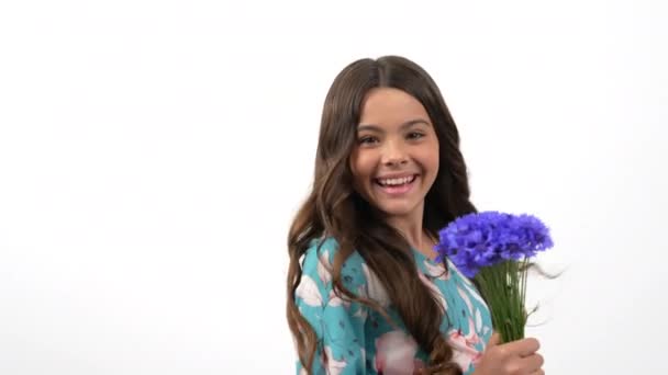 Šťastný dítě květinové šaty soustružení vůně kentaurea květ uspořádání, léto — Stock video