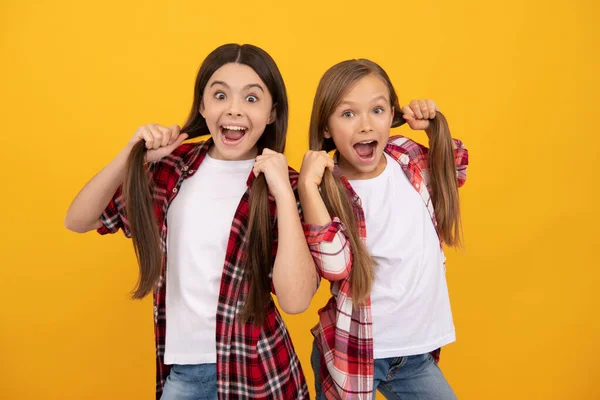 Niños sorprendidos en camisa a cuadros casuales sostienen el pelo largo y recto sobre fondo amarillo, peinado —  Fotos de Stock