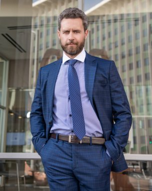 Resmi takım elbiseli başarılı sakallı iş adamı, girişimci.