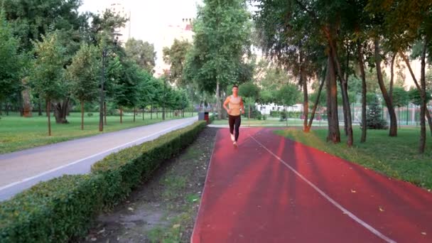 Αθλητικός άνθρωπος με σώμα σε φόρμα αθλητικών ειδών που τρέχει στο πάρκο, αντοχή — Αρχείο Βίντεο