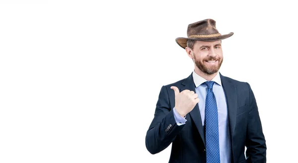 Look at this. Advertising man point finger aside. Advertising expert in cowboy hat — Stock Photo, Image