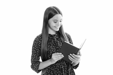 Teenager school girl with books isolated white studio background. Portrait of happy smiling teenage child girl